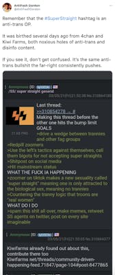 "Remember that the #SuperStraight hashtag is an anti-trans OP.  It was birthed several days ago from 4chan and Kiwi Farms, both noxious holes of anti-trans and disinfo content.  If you see it, don’t get confused. It’s the same anti-trans bullshit the far-right consistently pushes." screenshot of a 4Chan post saying "Making this thread before the other hits the bump limit GOAL > drive a wedge between trannies and other fag groups >redpill Zoomers >Use the left's tactics against themselves, call them bigots for not accepting super straights >Shitpost on social media >Hit mainstream status WHAT THE FUCK IS HAPPENING >Zoomer on TikTok makes a new sexuality known as super straight meaning one is only attracted to the biological sex, meaning no trannies >countering the tranny logic that troons are "real women" WHAT DO I DO >spam this shit all over, make memes, retweet SS agents on Twitter, post on every site imaginable