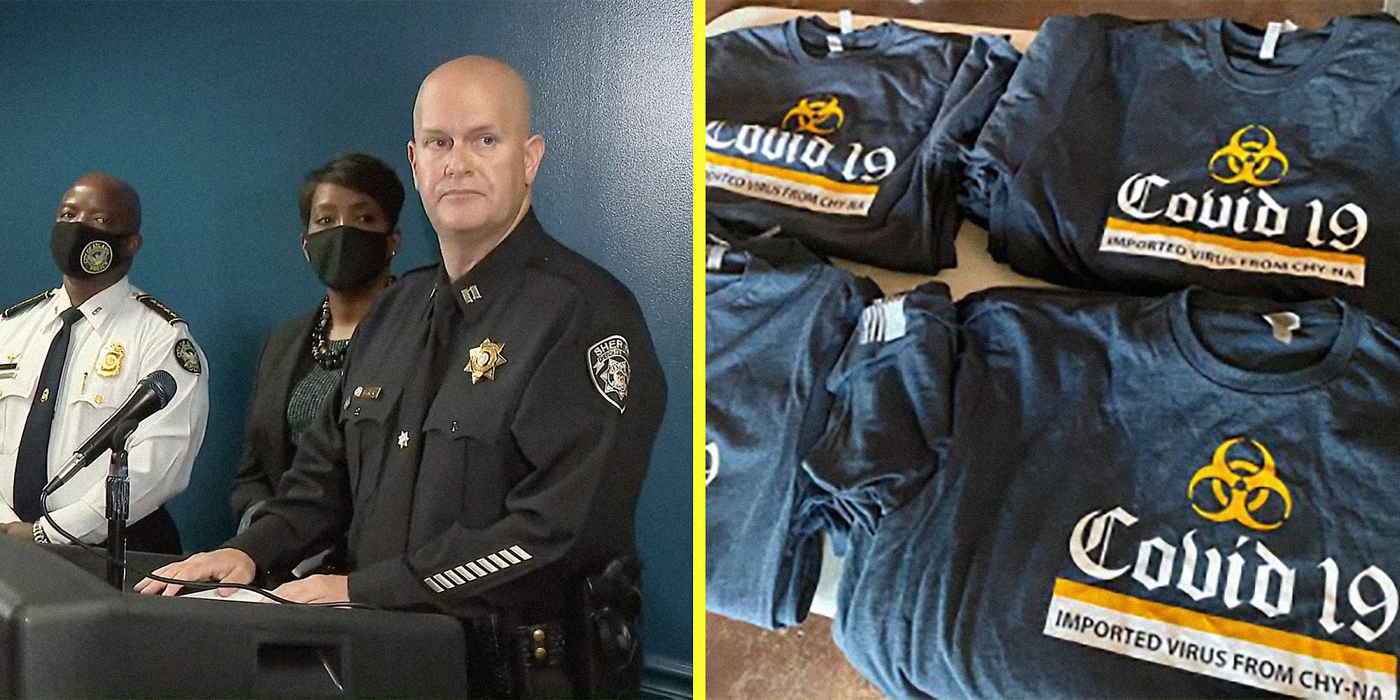 A police officer at a podium (L) and a pile of t-shirts (R).