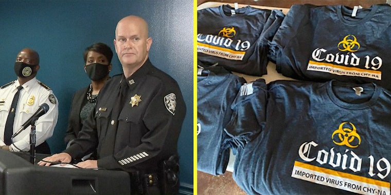 A police officer at a podium (L) and a pile of t-shirts (R).