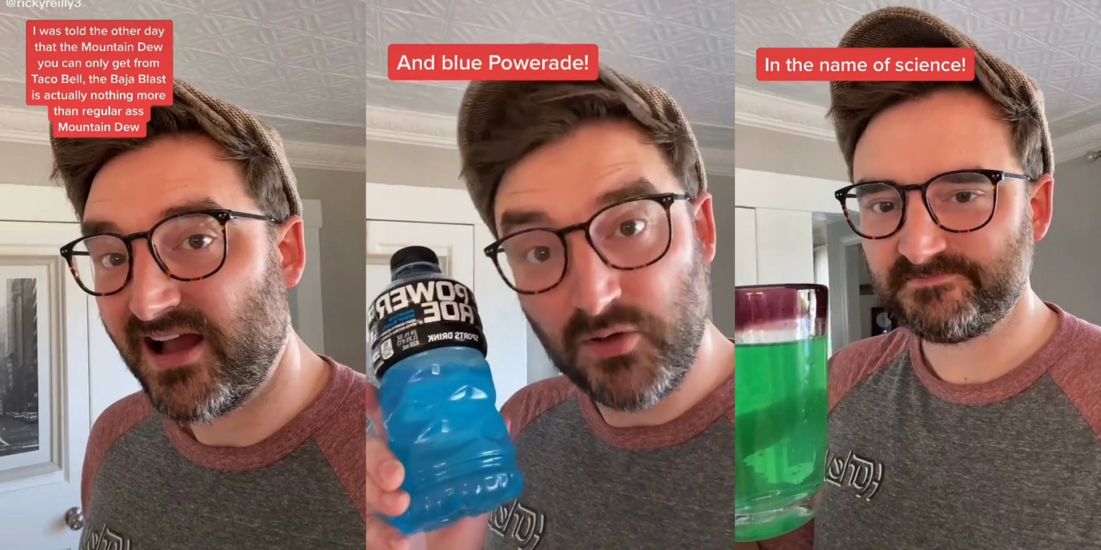 man mixing mountain dew with blue powerade