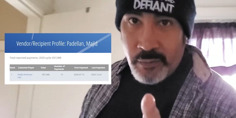 man wearing Brooklyn Dad Defiant beanie pointing to camera, with Vendor/Recipient Profile indicating payment by the Really American PAC for $57,088 in 2020
