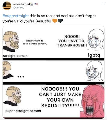 "#superstraight this is so real and sad but don't forget you're valid you're Beautiful Orange heartBlack heart" Yes Chad comic meme format. Chad, labelled straight person, says "I don't want to date a trans person" Wojack, labelled LGBTQ says "nooo!!! you have to! transphobe!!!" Chad walks away and comes back with label super straight person and Wojack turns red and makes an enraged face saying "NOOOOO!!!!! You can't just make your own sexuality!!!!!"