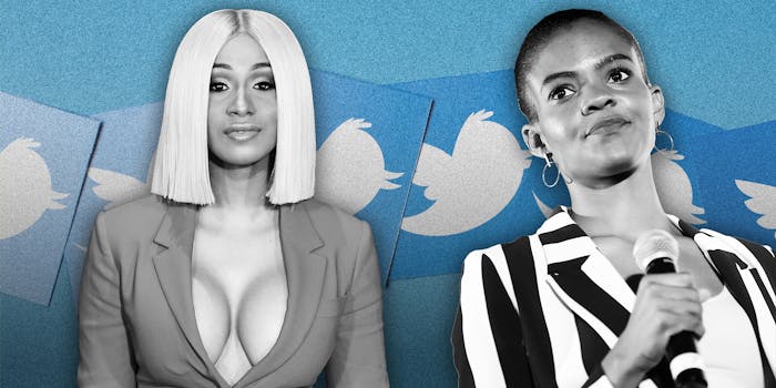 Cardi B and Candace Owens on a blue background.