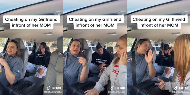 Man on phone in vehicle with angry women in front seat, captioned with 'Cheating on my Girlfriend infront of her MOM'