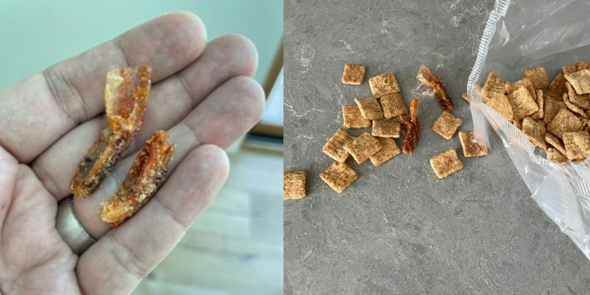 man holding up what appears to be two shrimp tails, box of cinnamon toast crunch with shrimp tails in the mix