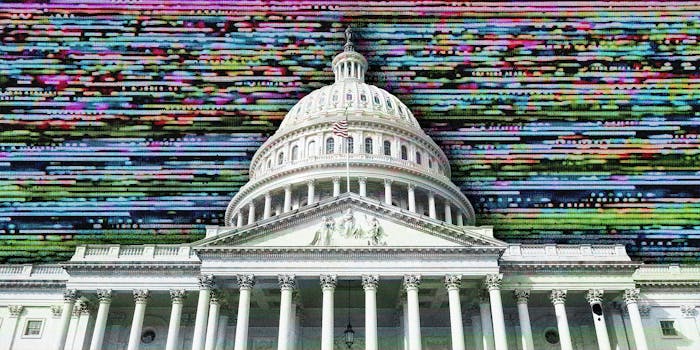 The United States Capitol building superimposed on a digital field.