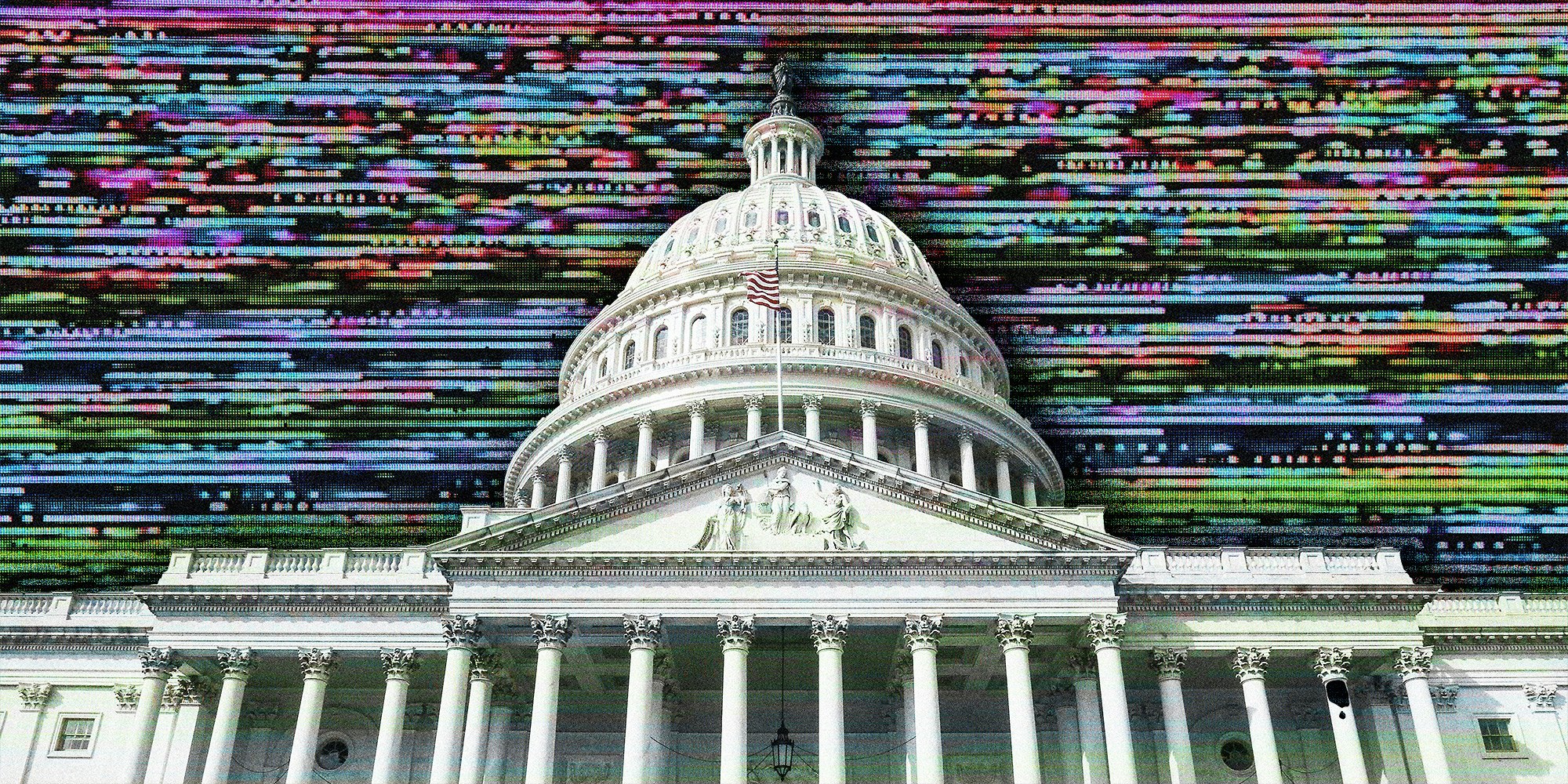 The United States Capitol building superimposed on a digital field.