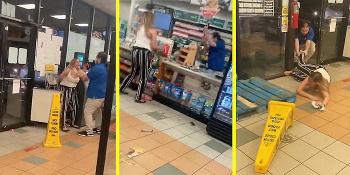 A maskless woman fights with a convenience store employee.