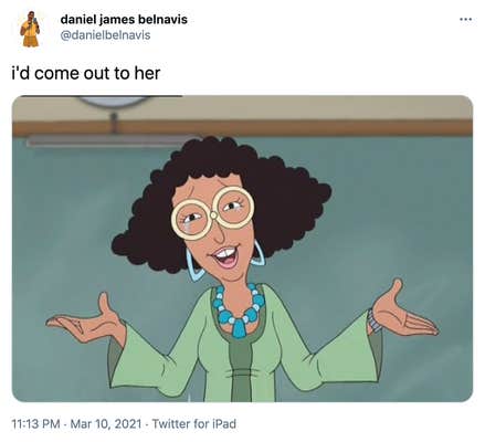 "i'd come out to her" Ms. Grotke from Recess, a Black woman with chunky jewellery, natural hair and green hippy clothes