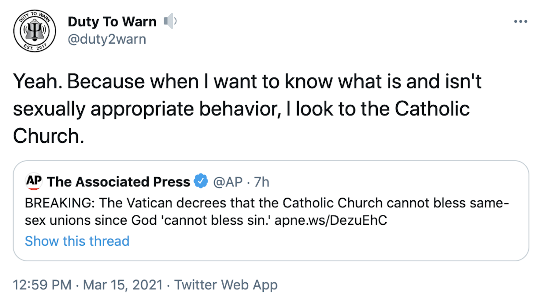 Yeah. Because when I want to know what is and isn't sexually appropriate behavior, I look to the Catholic Church.