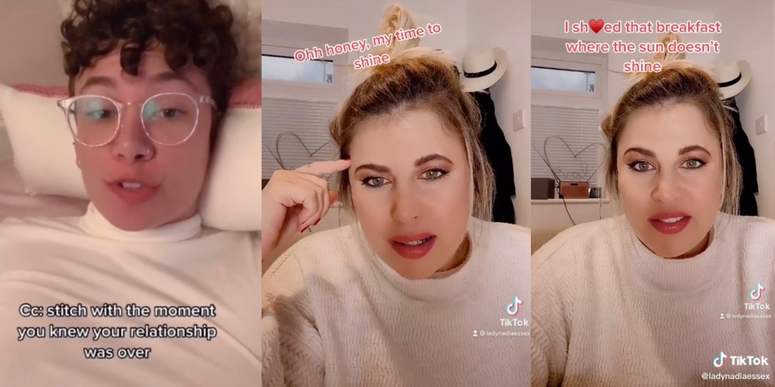 Tiktoker asking others to ‘stitch with the moment you knew your relationship was over’ and Nadia Essex using tiktok to tell the story of how she caught her boyfriend cheating through his fitbit