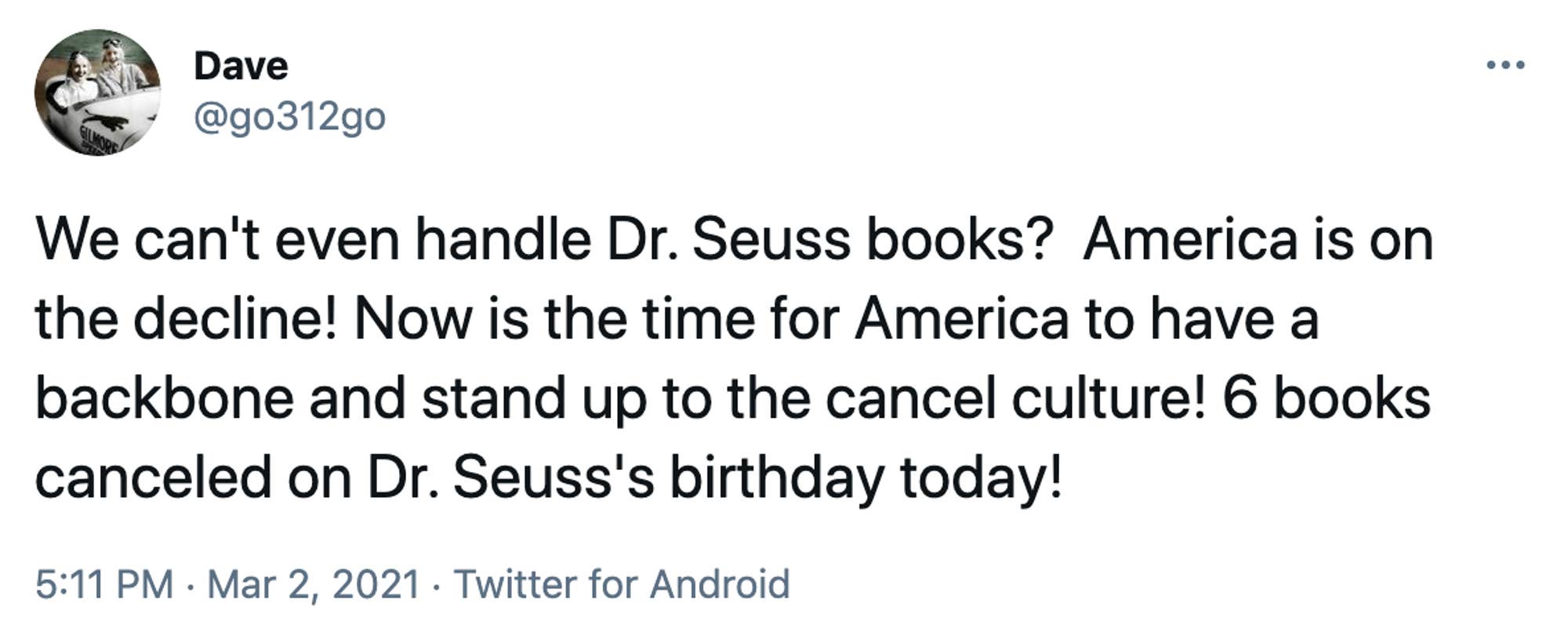 We can't even handle Dr. Seuss books?  America is on the decline! Now is the time for America to have a backbone and stand up to the cancel culture! 6 books canceled on Dr. Seuss's birthday today!