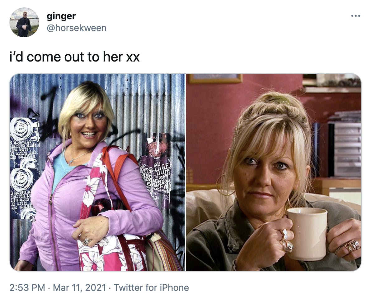 'i’d come out to her xx' two pictures of Jackie, a white woman with blonde hair, a fake tan and heavy make up. In one she stands in front of graffiti and in the other she holds a white mug