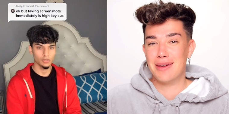 man in red sweatshirt with 'ok but taking screenshots immediately is high key sus' speech bubble above his head (left) james charles (right)