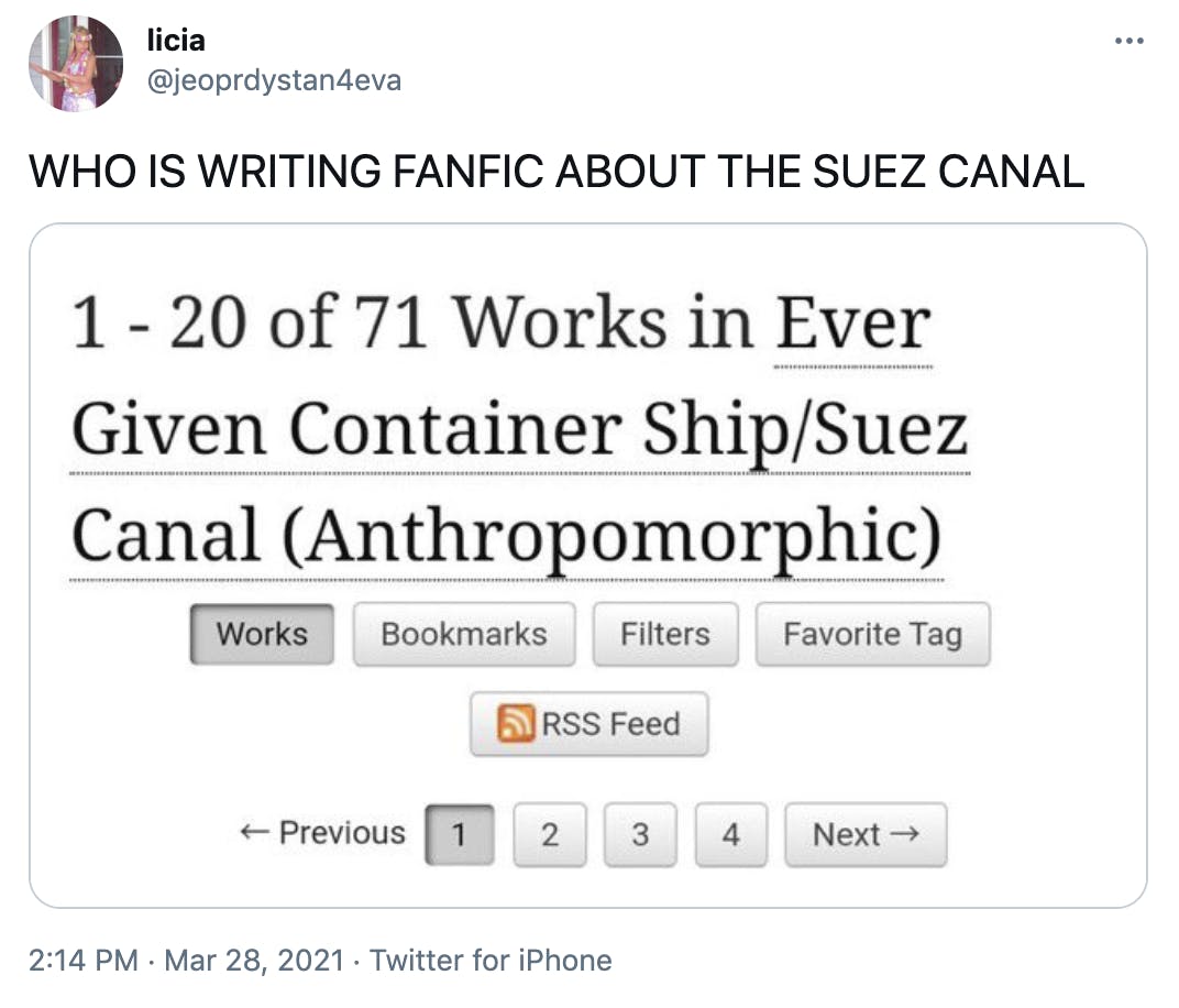 'WHO IS WRITING FANFIC ABOUT THE SUEZ CANAL' screenshot from AO3 showing the number of fics in the category