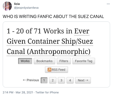 "WHO IS WRITING FANFIC ABOUT THE SUEZ CANAL" screenshot from AO3 showing the number of fics in the category