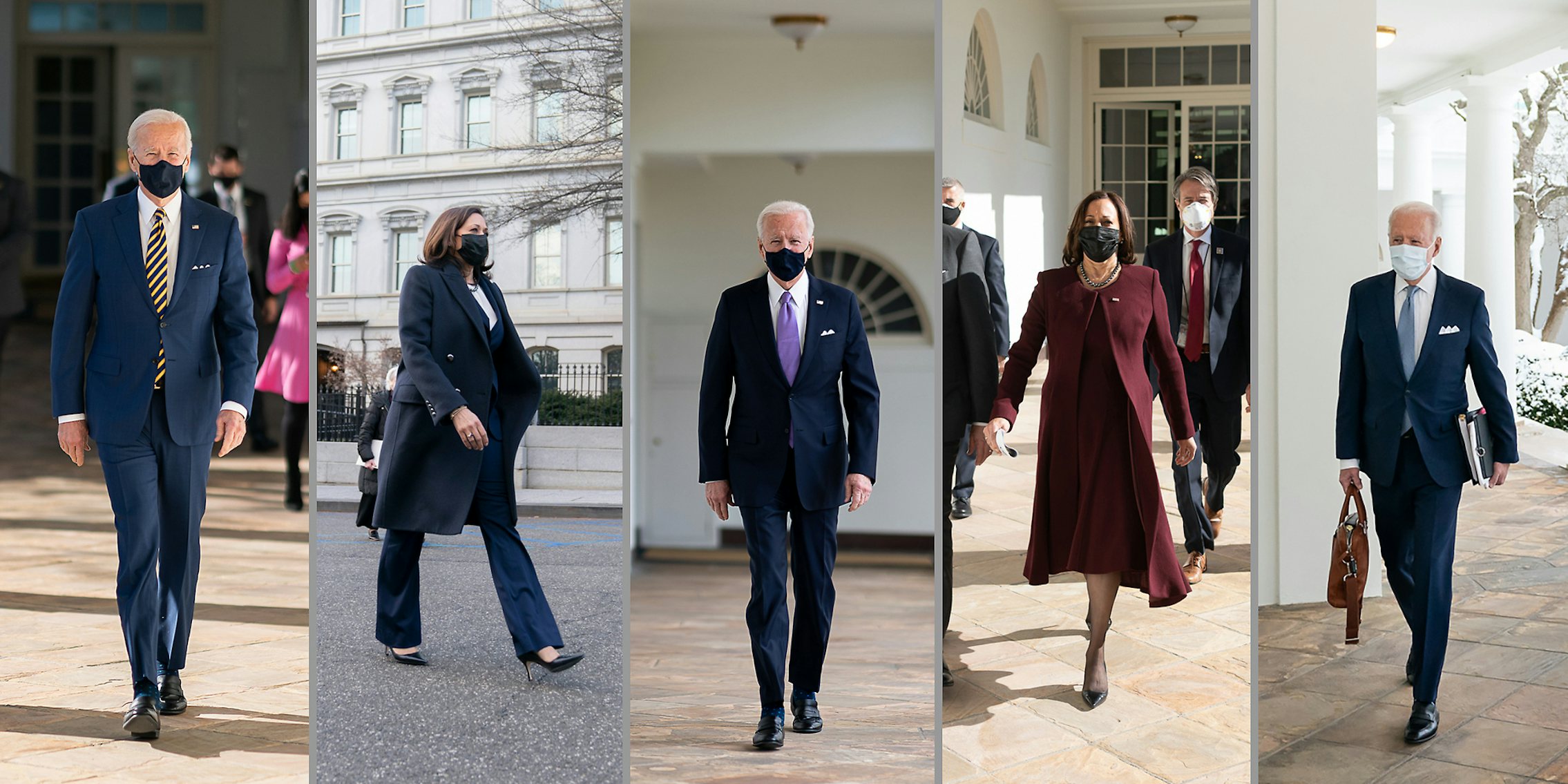 President Joe Biden and Vice President Kamala Harris walking separately.