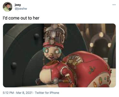 "I’d come out to her" Aunt Fan, a claymation robot woman who looks a bit like a ladybug