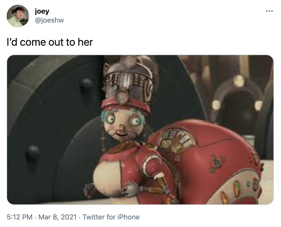 'I’d come out to her' Aunt Fan, a claymation robot woman who looks a bit like a ladybug