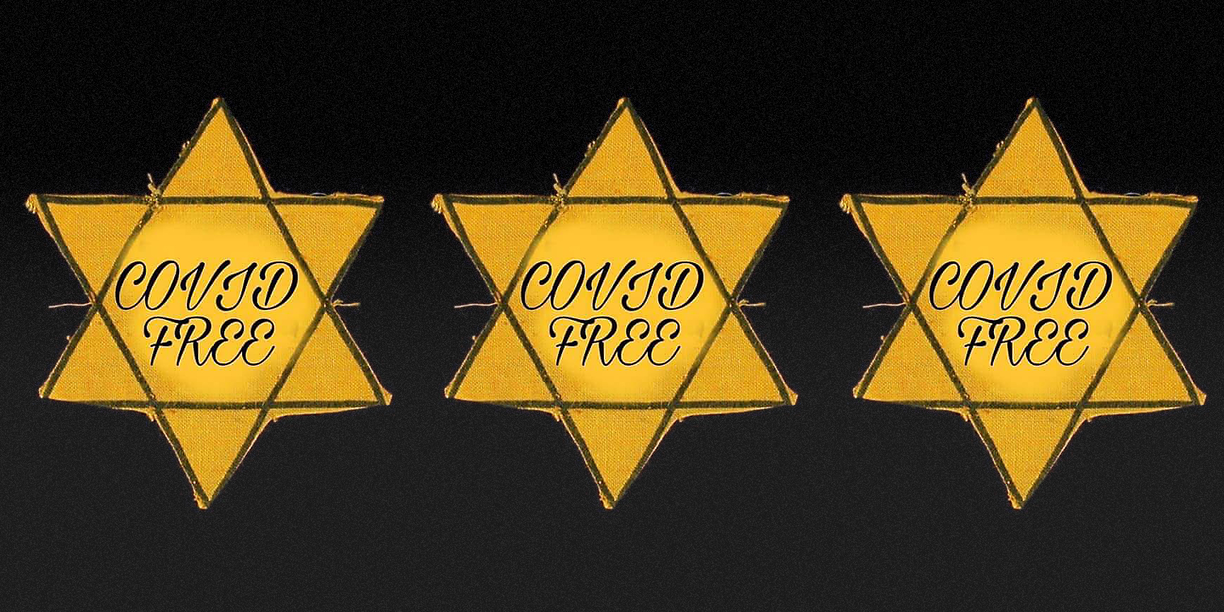 Three gold Star of David badges with the words 'Covid Free' written on each.