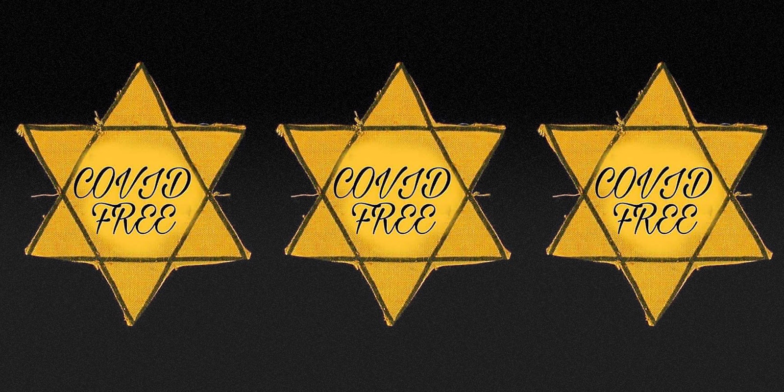 Three gold Star of David badges with the words 'Covid Free' written on each.