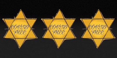 Three gold Star of David badges with the words 'Covid Free' written on each.