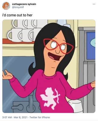 "i’d come out to her" Linda from Bob's Burger's, a cartoon white woman with black hair and glasses, shrugs cheerfully while wearing a pink sweater.