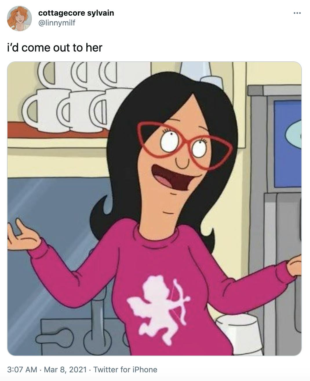 'i’d come out to her' Linda from Bob's Burger's, a cartoon white woman with black hair and glasses, shrugs cheerfully while wearing a pink sweater.