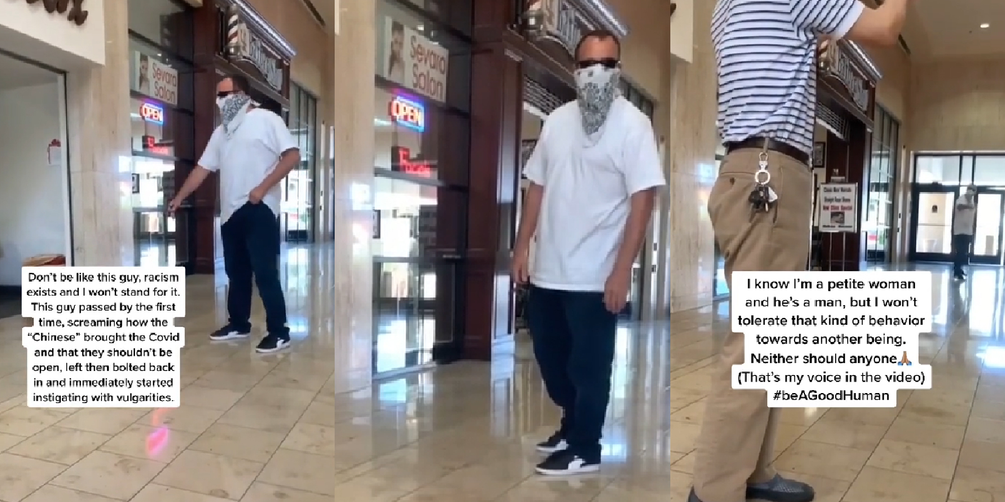 man in mask harasses asian store owner and woman sitting in mall