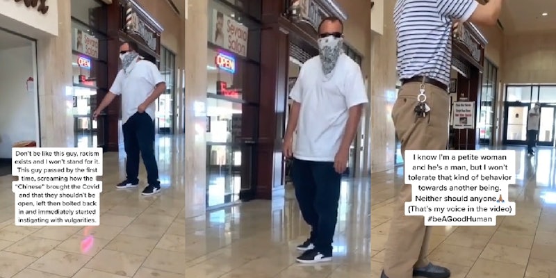 man in mask harasses asian store owner and woman sitting in mall