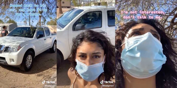man by white truck, woman filming selfie-style video in front of white truck
