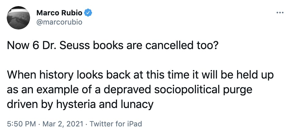 Now 6 Dr. Seuss books are cancelled too? When history looks back at this time it will be held up as an example of a depraved sociopolitical purge driven by hysteria and lunacy