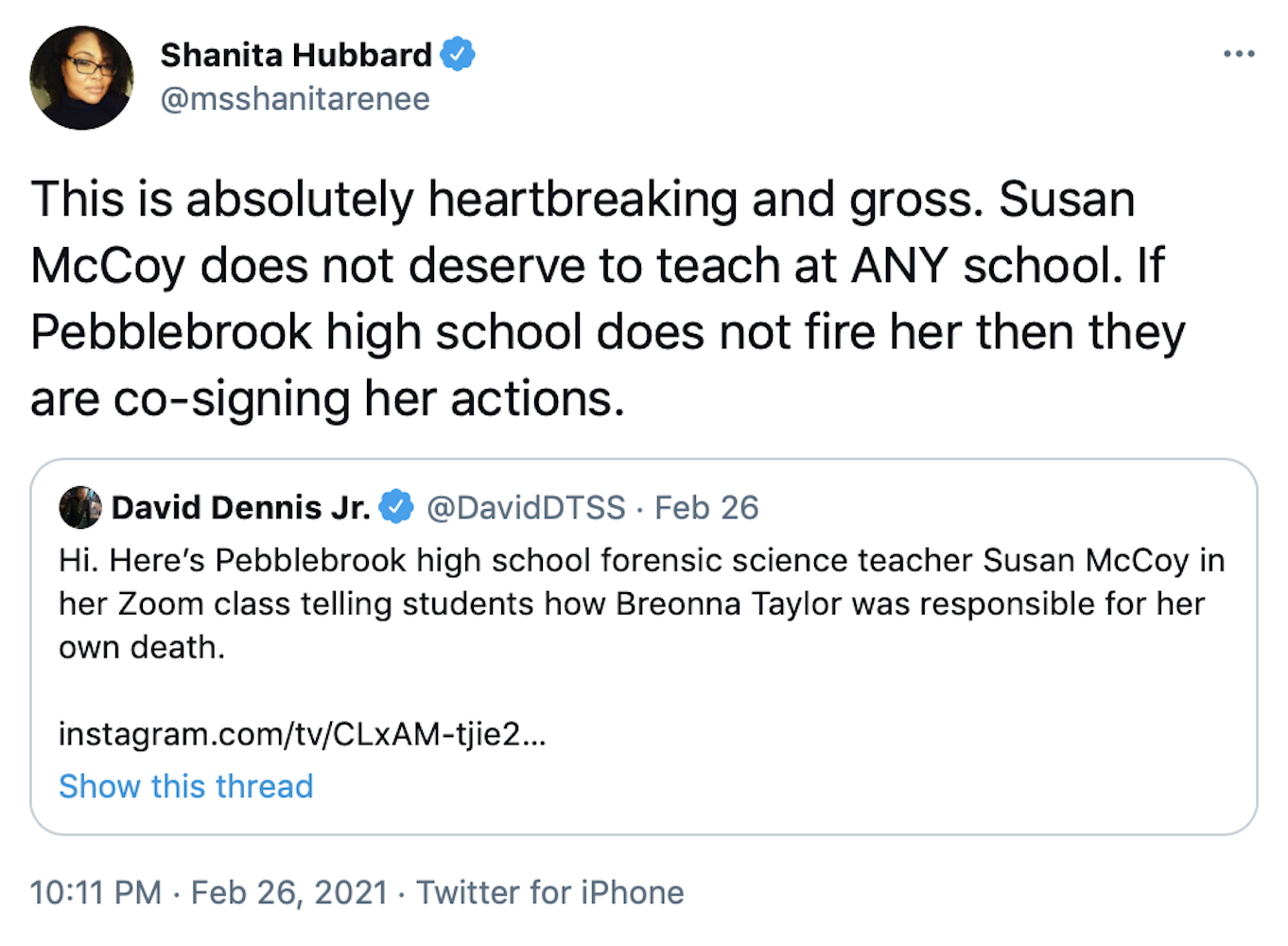 This is absolutely heartbreaking and gross. Susan McCoy does not deserve to teach at ANY school. If Pebblebrook high school does not fire her then they are co-signing her actions.