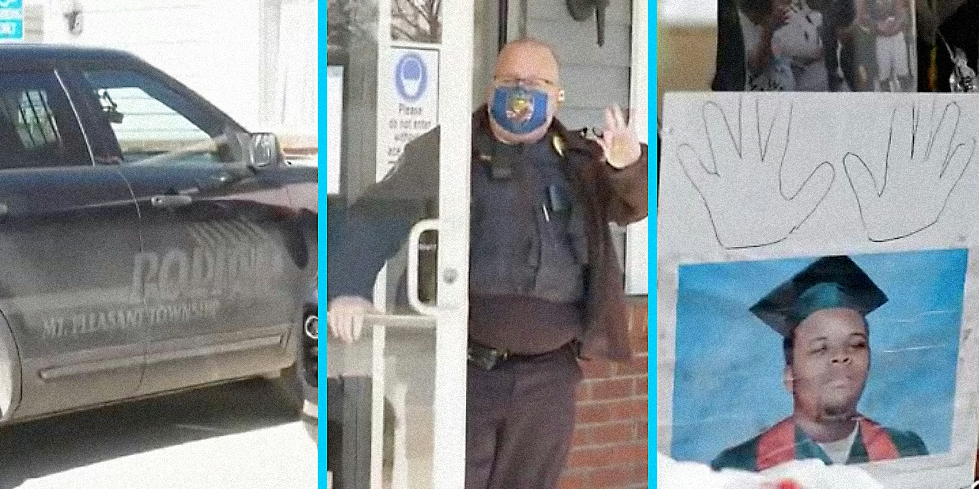 A cop car (L), a cop (C), and a memorial for a murder victim (R).