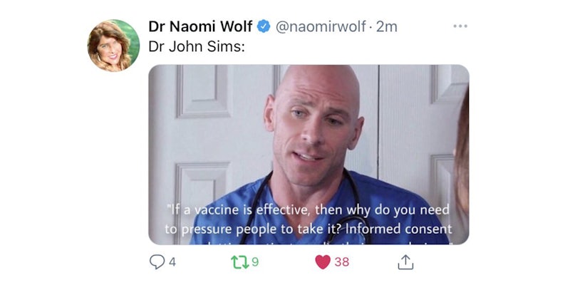 Dr Naomi Wolf tweet 'Dr John Sims:' with picture of adult film performer Johnny Sims pretending to be a doctor