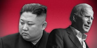 Kim Jong-un and Joe Biden on a red background.