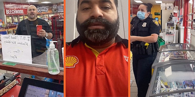 A man in a convenience store (L), a man talking into camera (C), and a police officer (R).