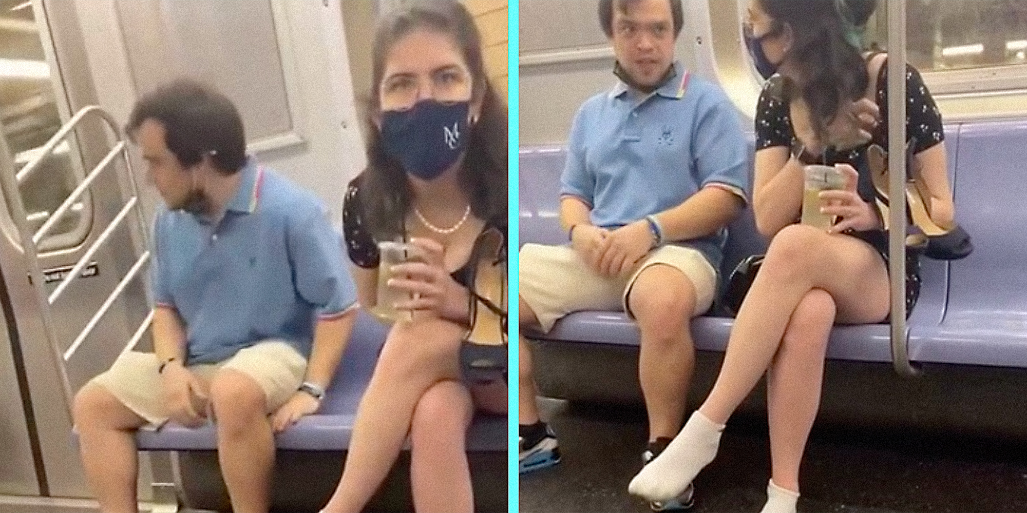 A man and woman sitting on a NYC subway train.