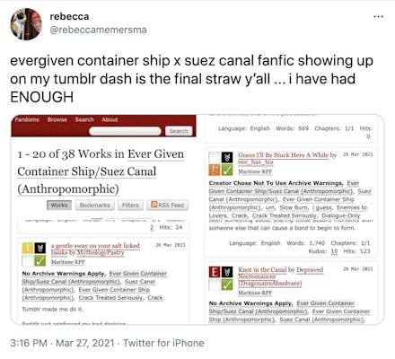 "evergiven container ship x suez canal fanfic showing up on my tumblr dash is the final straw y’all ... i have had ENOUGH" screenshots of some of the pics