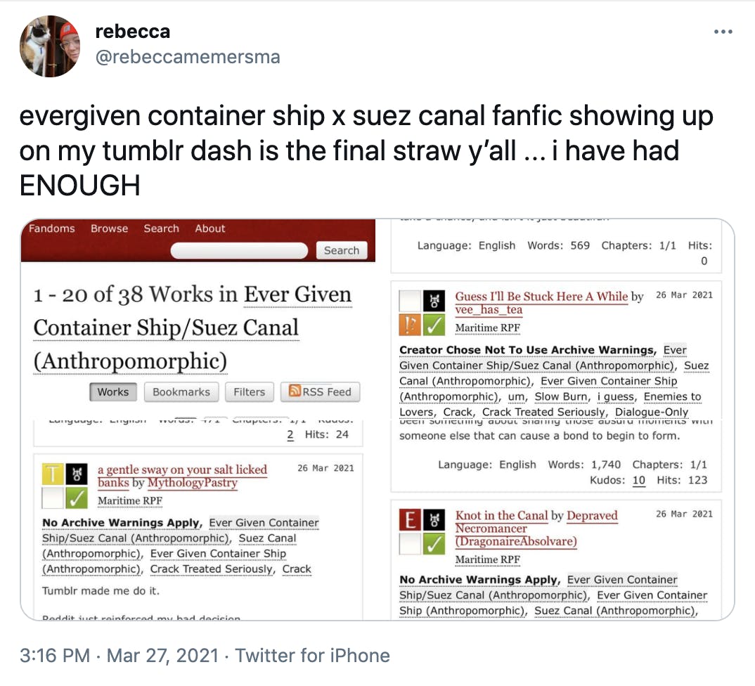 'evergiven container ship x suez canal fanfic showing up on my tumblr dash is the final straw y’all ... i have had ENOUGH' screenshots of some of the pics