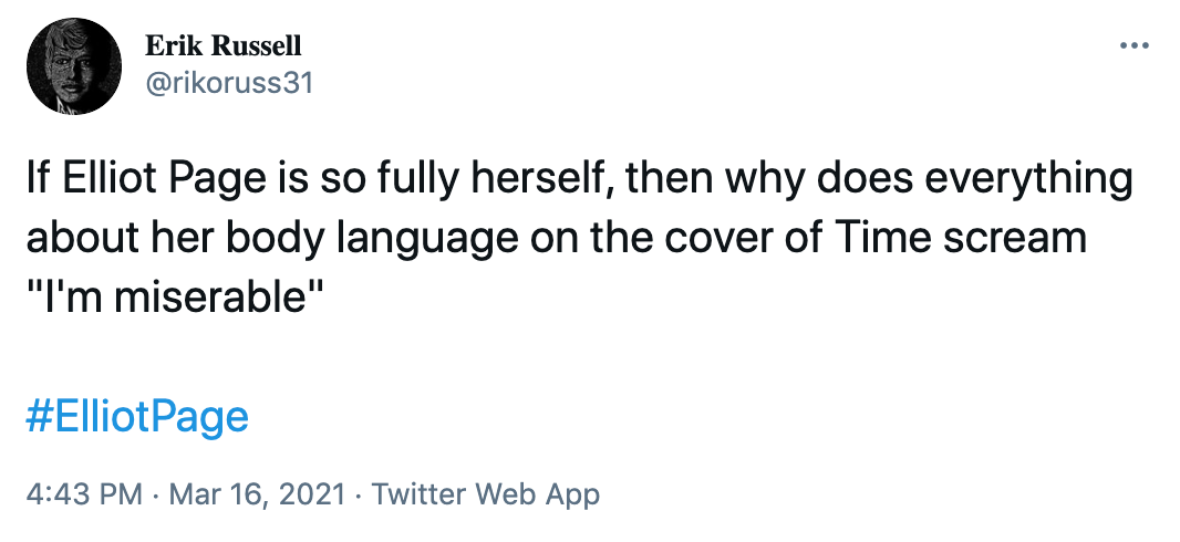 If Elliot Page is so fully herself, then why does everything about her body language on the cover of Time scream 'I'm miserable' #ElliotPage