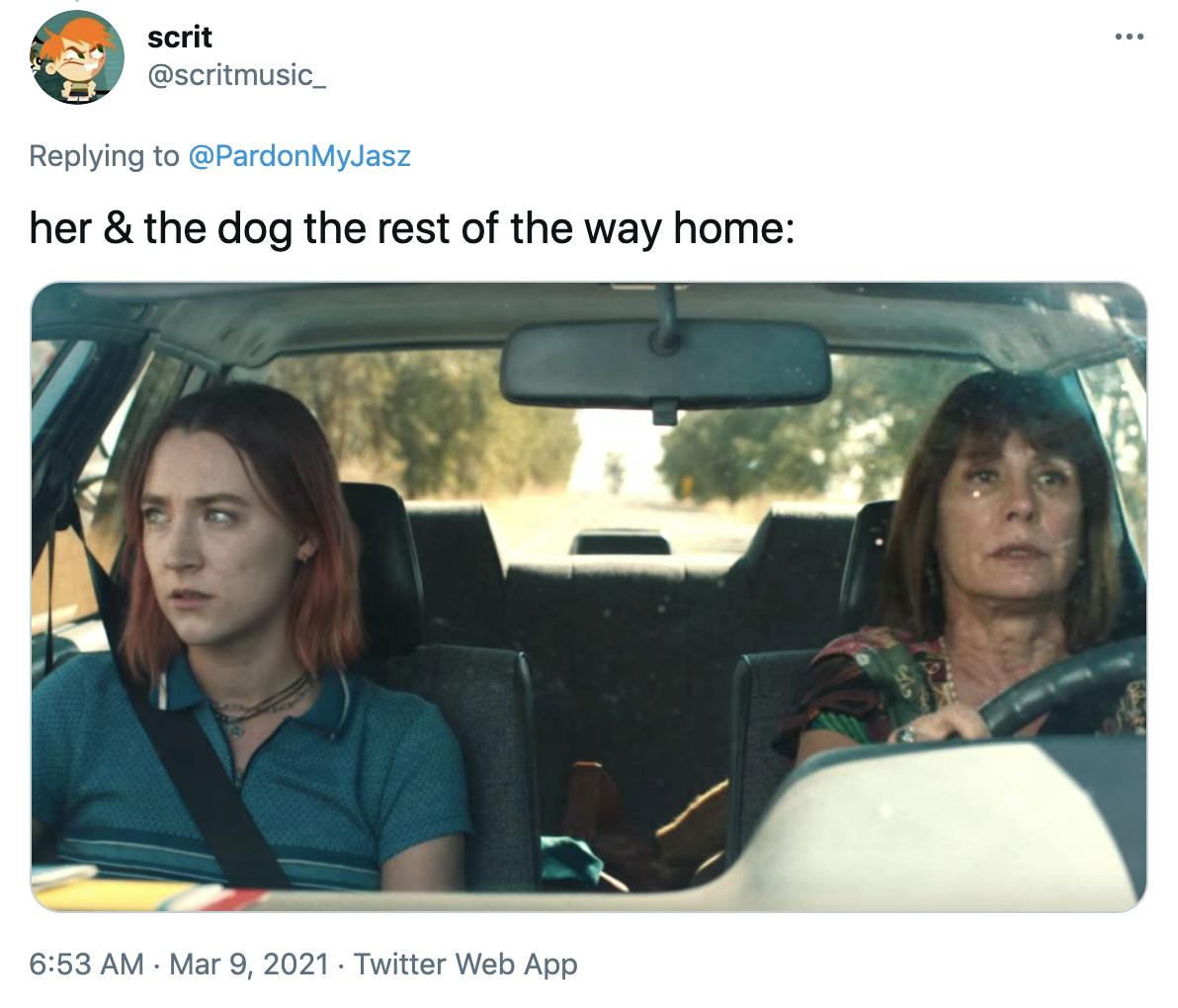 'her & the dog the rest of the way home:' A mother and daughter sit in awkward silence in a car