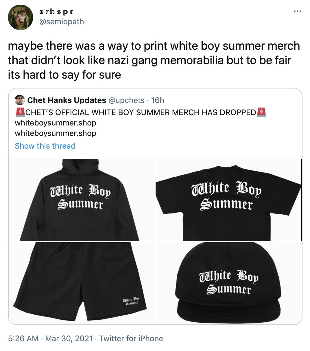 maybe there was a way to print white boy summer merch that didn’t look like nazi gang memorabilia but to be fair its hard to say for sure