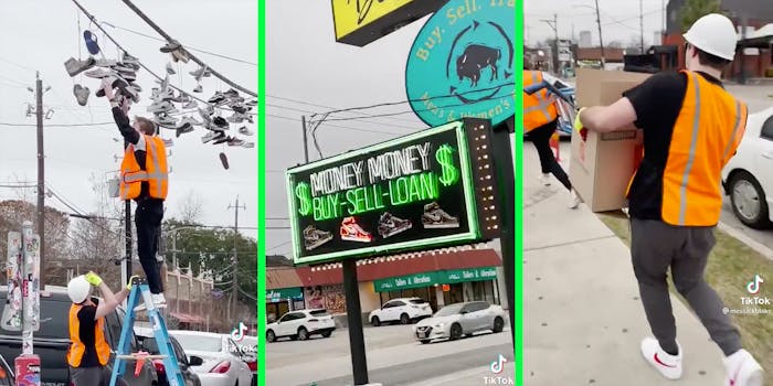 Kids taking shoes off power lines (l), a neon sign (c), and kids running with cardboard box(r).