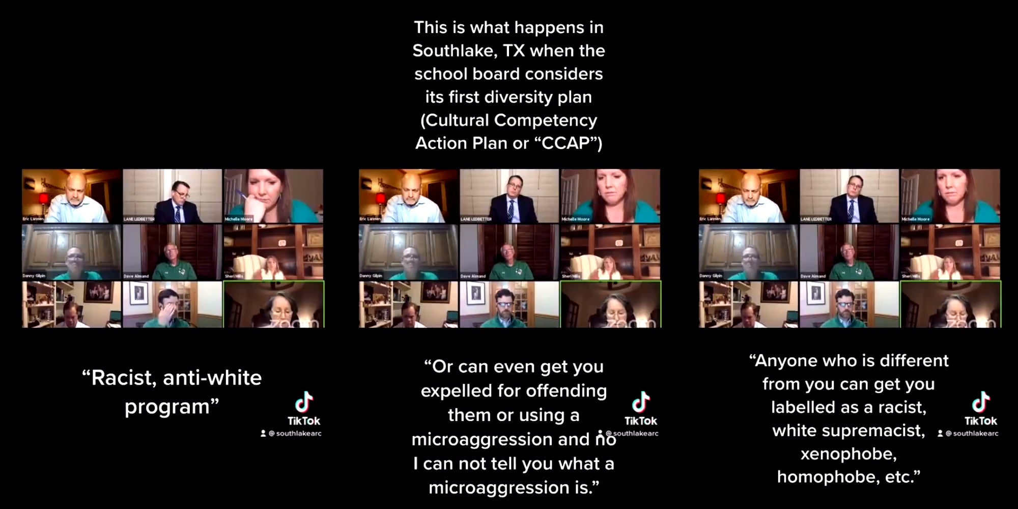 Southlake, TX school board Zoom meeting with quotes "Racist, anti-white program", "Or can even get you expelled for offending them or using a microaggression and no I can not tell you what a microaggression is.", "Anyone who is different from you can get you labeleed as a racist, white supremacist, xenophobe, homophobe, etc."