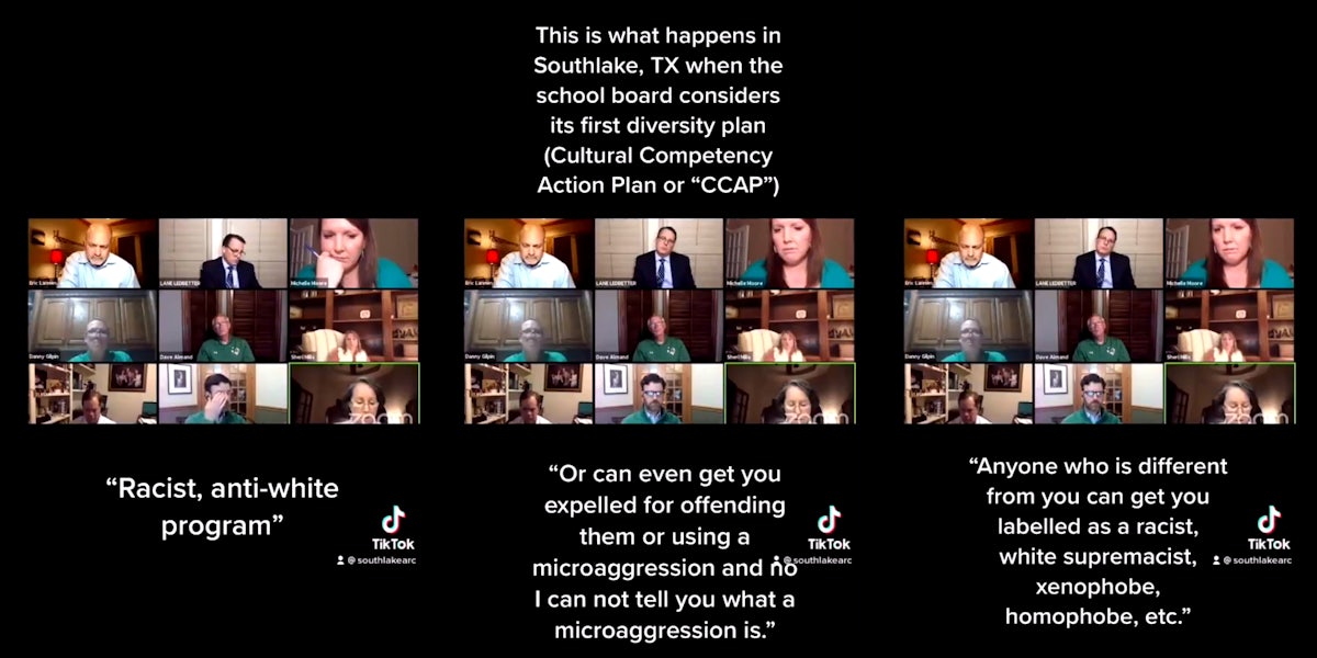 Southlake, TX school board Zoom meeting with quotes 'Racist, anti-white program', 'Or can even get you expelled for offending them or using a microaggression and no I can not tell you what a microaggression is.', 'Anyone who is different from you can get you labeleed as a racist, white supremacist, xenophobe, homophobe, etc.'