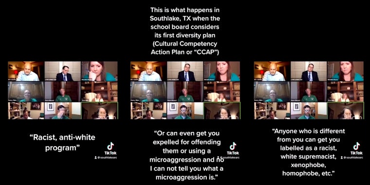 Southlake, TX school board Zoom meeting with quotes 'Racist, anti-white program', 'Or can even get you expelled for offending them or using a microaggression and no I can not tell you what a microaggression is.', 'Anyone who is different from you can get you labeleed as a racist, white supremacist, xenophobe, homophobe, etc.'