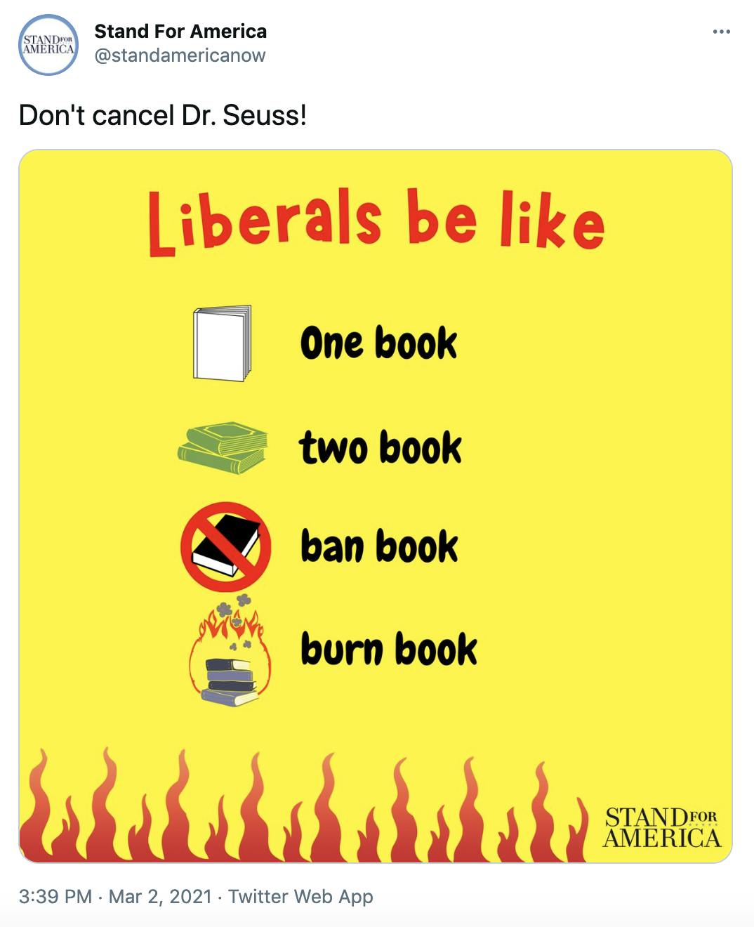 'Don't cancel Dr. Seuss!' yellow graphic with the text 'one book, two book, ban book, burn book'