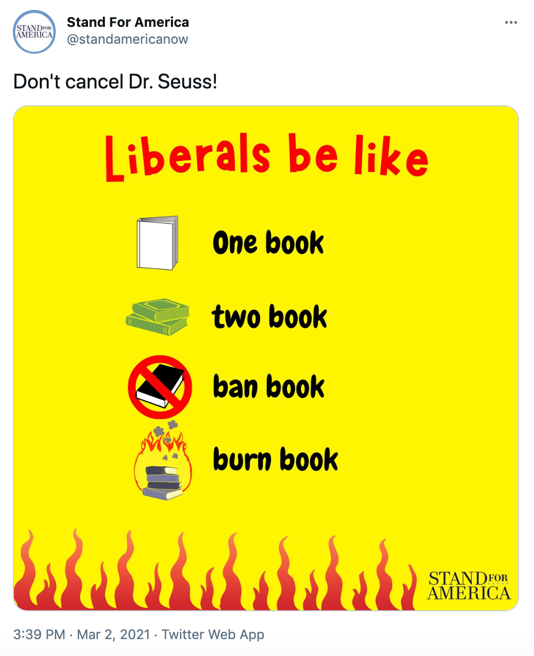 'Don't cancel Dr. Seuss!' yellow graphic with the text 'one book, two book, ban book, burn book'