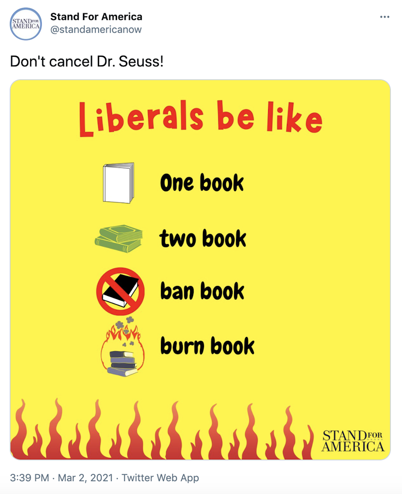 "Don't cancel Dr. Seuss!" yellow graphic with the text 'one book, two book, ban book, burn book'
